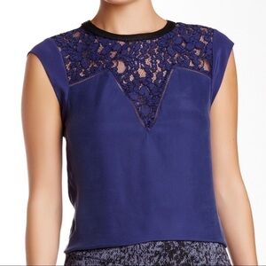 Rebecca Taylor Faux Leather Trim Lace Inset Top